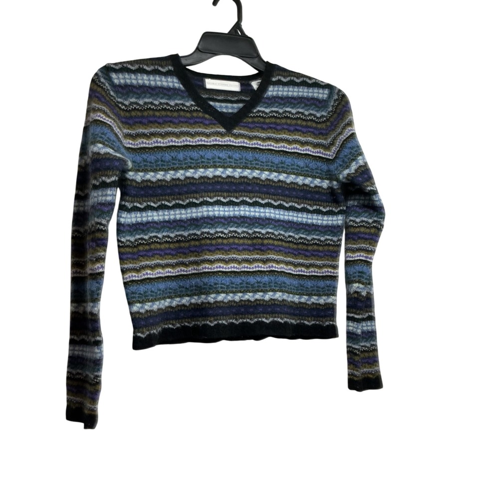 Valerie Stevens Petites Lambswool Fair Isle V-Neck Sweater Blue Purple PM